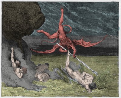 Inferno, Canto 22: Ciampolo escapes the demon Alichino in the fifth bolgia (illustration from The Divine Comedy) by Gustave after Dore